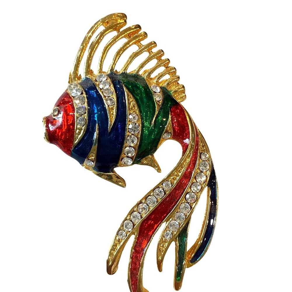Vintage Fish Brooch Enamel Gold Tone Enamel Crystals Red Blue Green